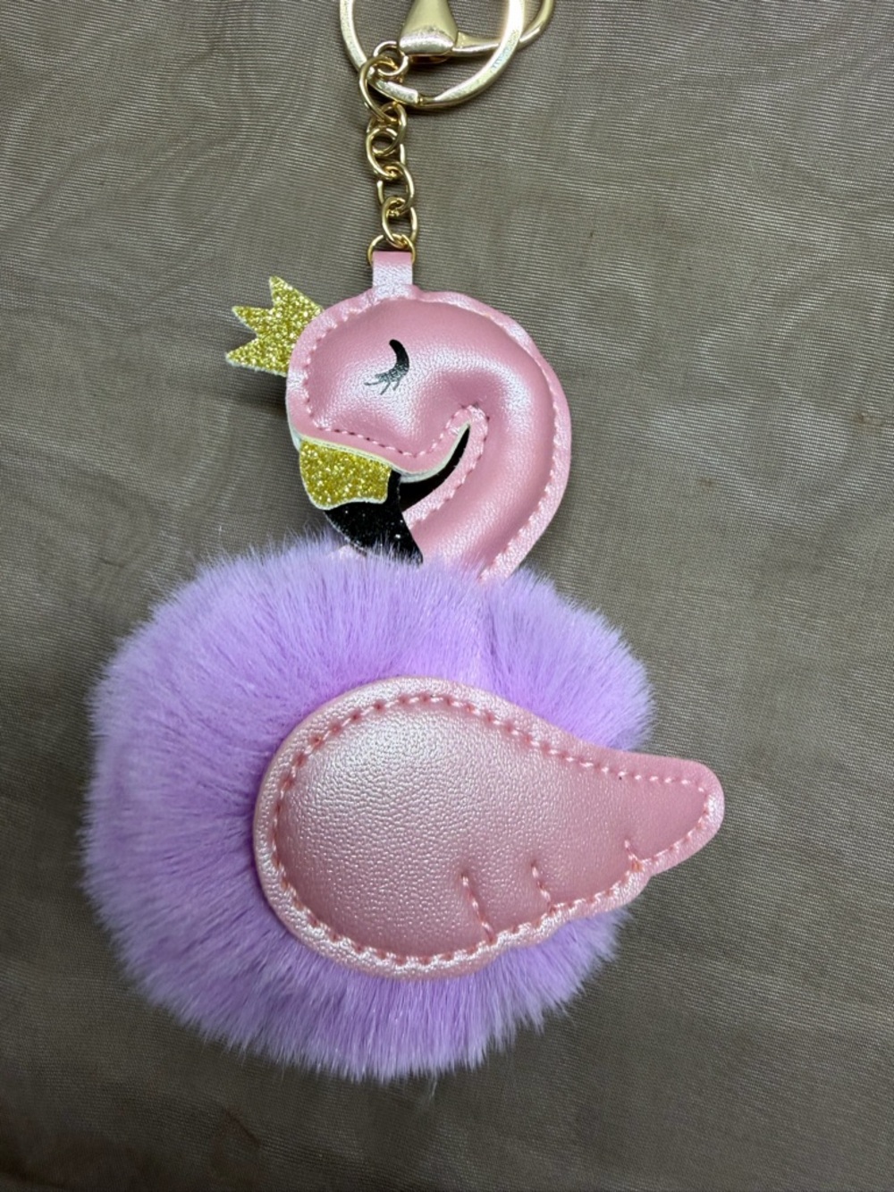 Pink Flamingo Pom Keychain with Purple Faux Fur Puff